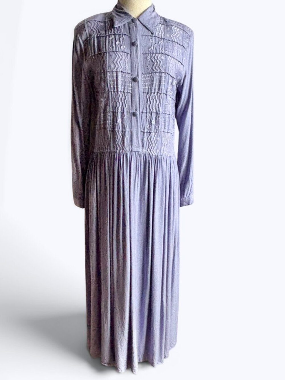Vintage 1990s Lavender Boho Cottagecore Long Sleeve Modest Midi Dress M/L